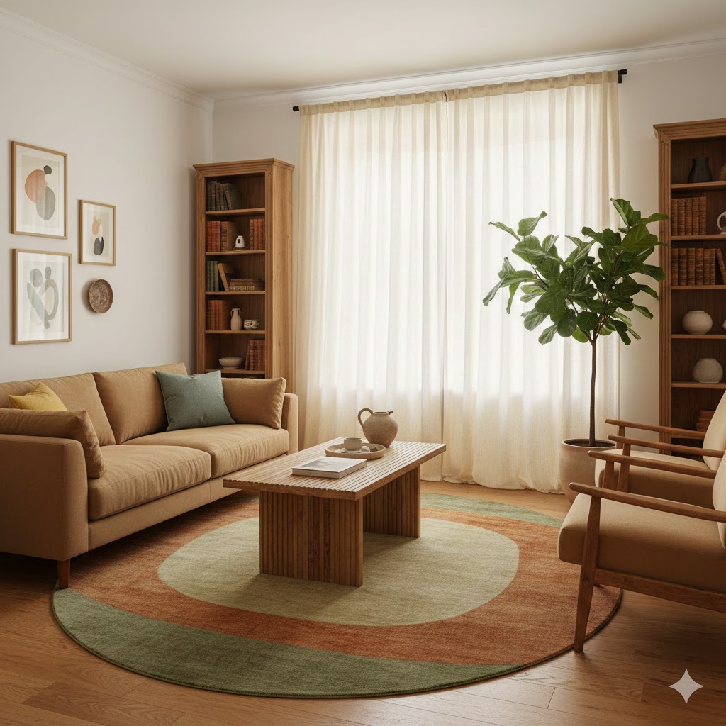 Bløde gulvlange gardiner i lys stue med trædetaljer